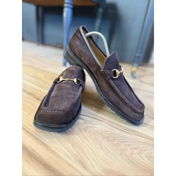 Gucci Mens Dark Brown Chocolate Suede Gold Horse-bit Buckle Loafers Size 10 - Picture 2 of 14
